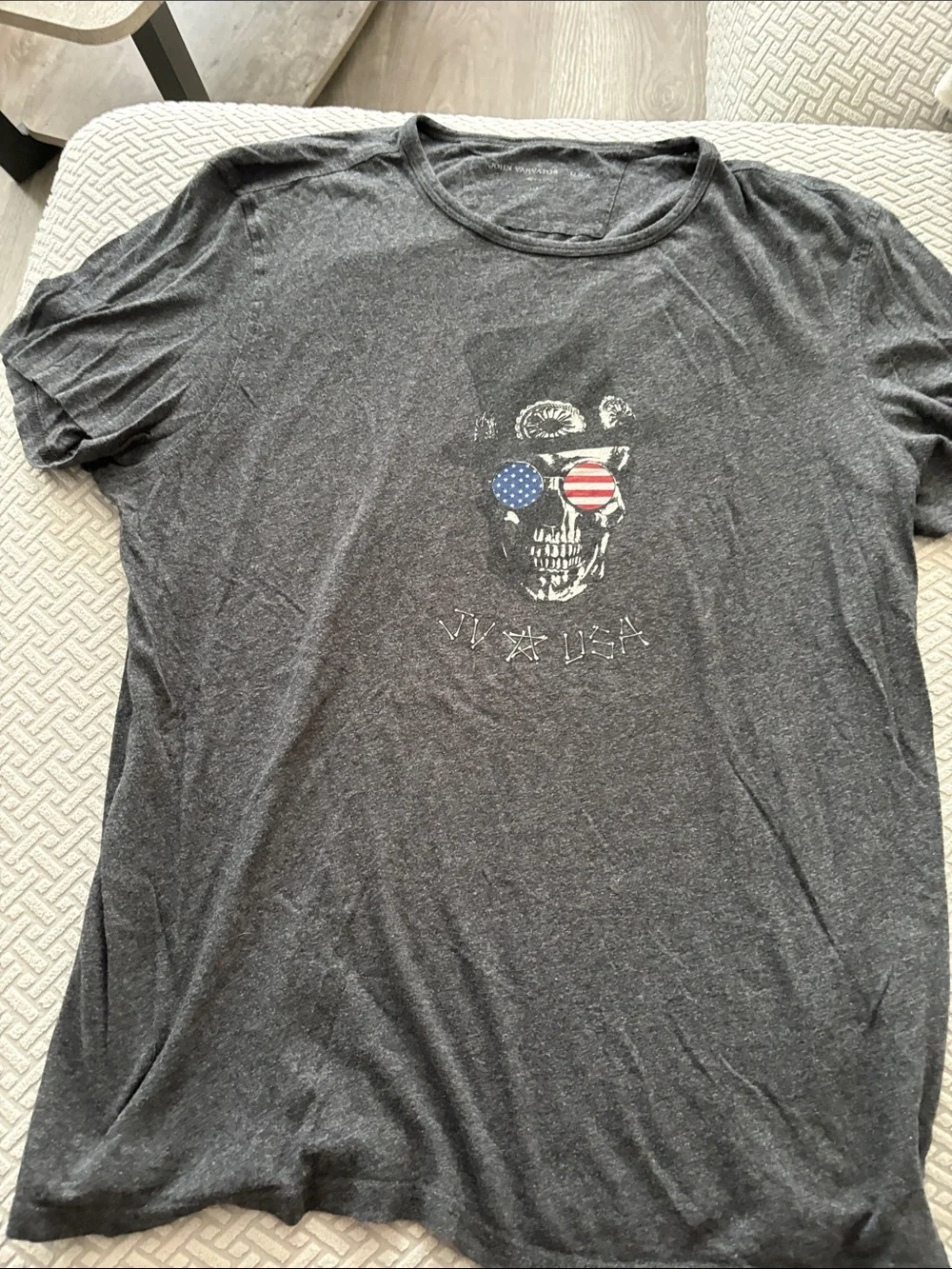 John Varvatos Charcoal Graphic Skull Tee with Red & Blue Accents